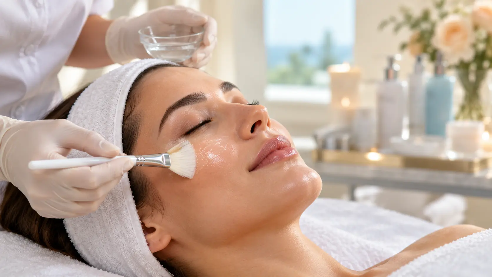 Licensed esthetician applying a brightening peel treatment at Serene Beauty & Browz in Michigan