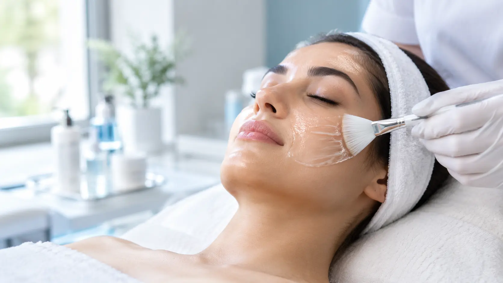 Licensed esthetician applying a chemical peel solution to a client's face at Serene Beauty & Browz in Michigan