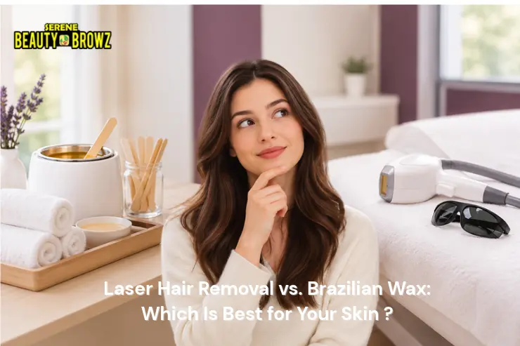 Esthetician preparing a client for a Brazilian wax or laser hair removal consultation at Serene Beauty & Browz in Michigan